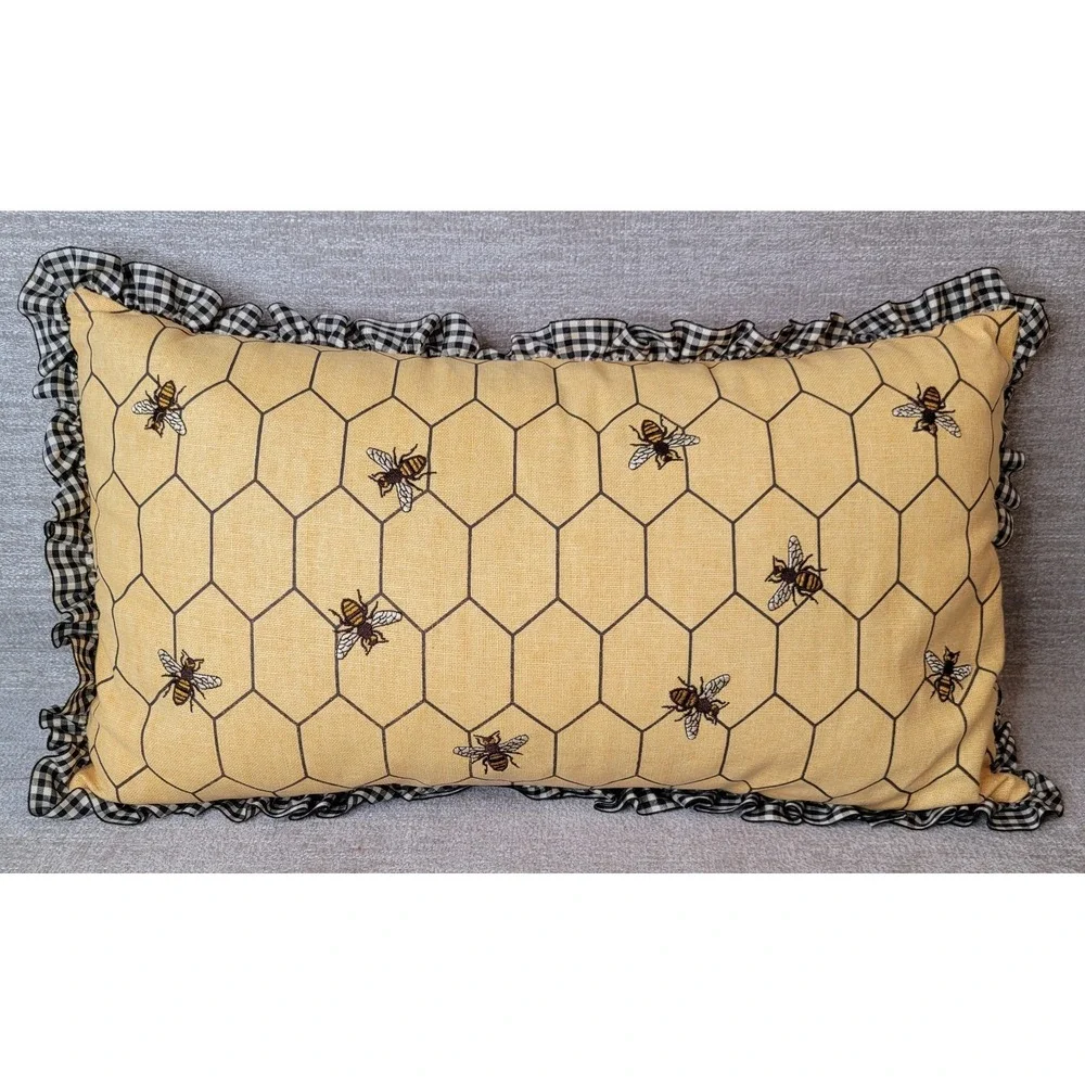 Farmhouse Embroidered Bee Honeycomb Lumbar Throw Pillow Black Gingham Ruffle